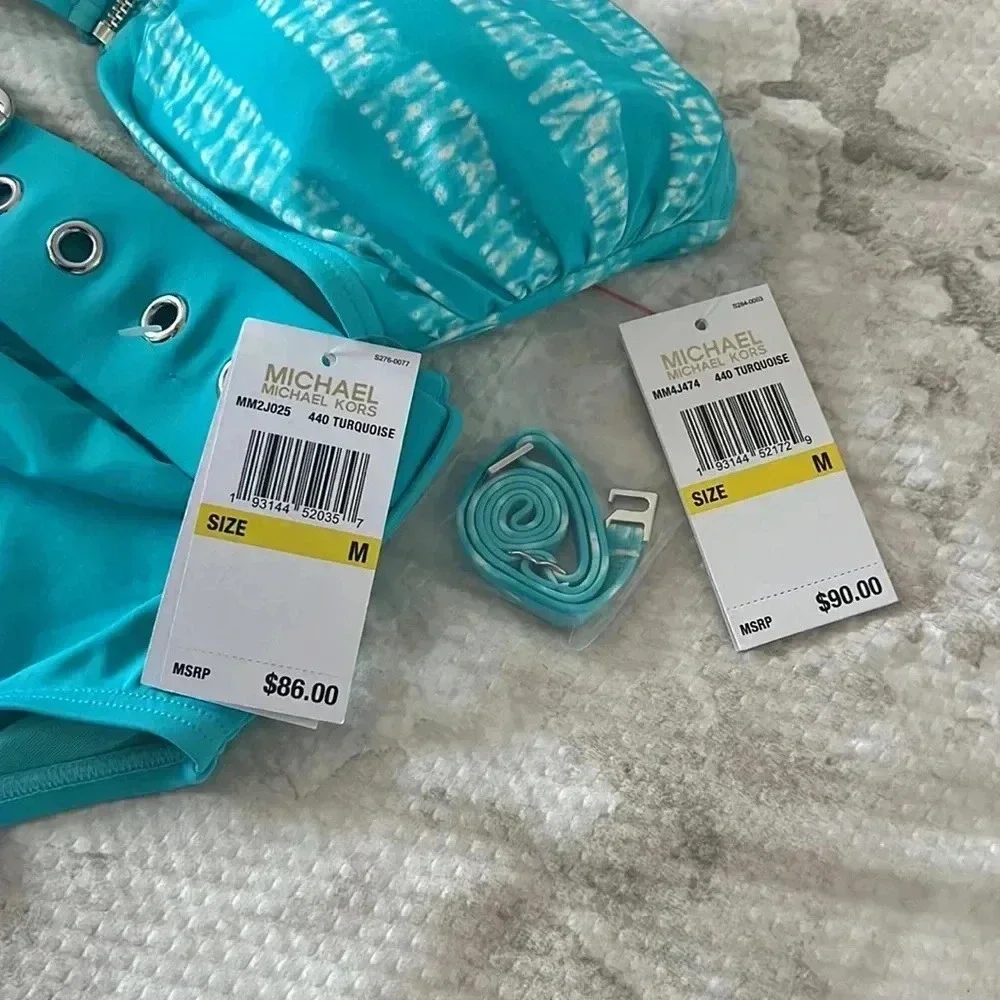 MICHAEL KORS Zip Front Bandeau Kyoto Stripe Turquoise Top and High Waist Bottom